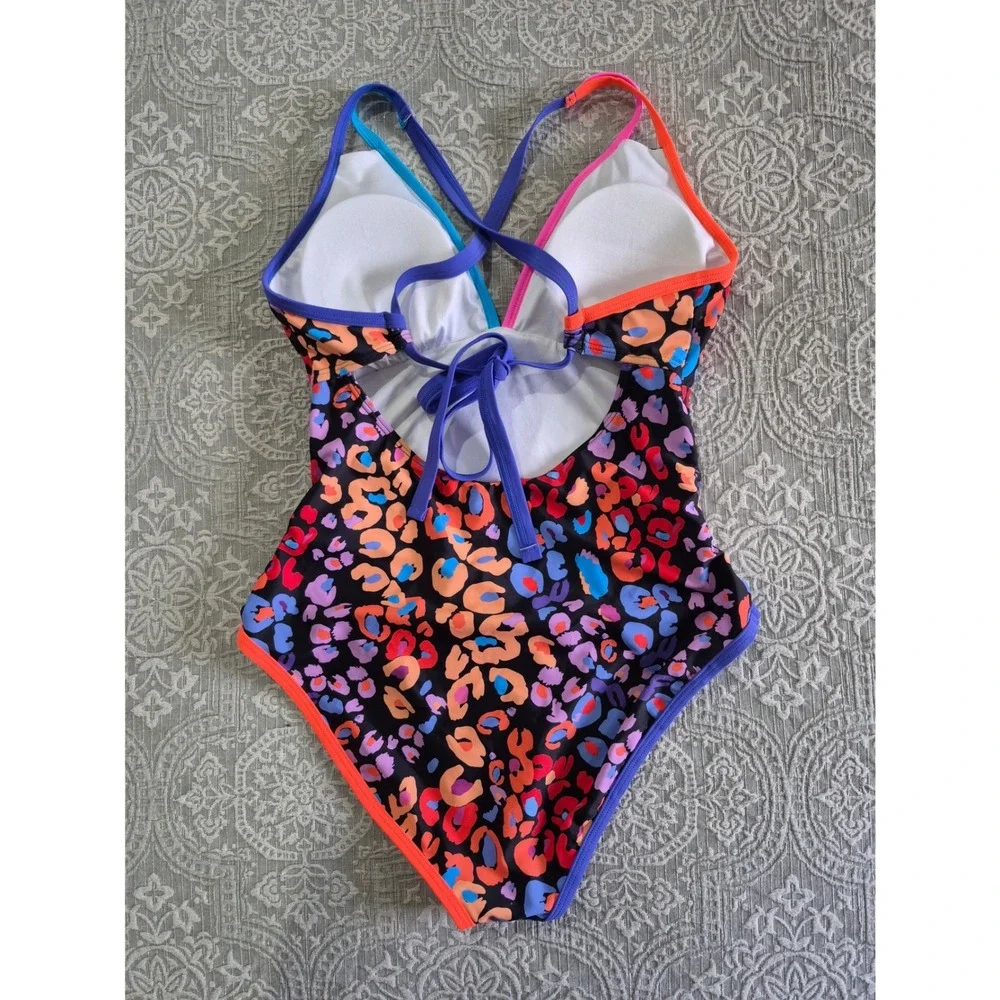 Popvil Womens Multicolor Leopard Print One Piece Swimsuit NWT Size L - Picture 6 of 7